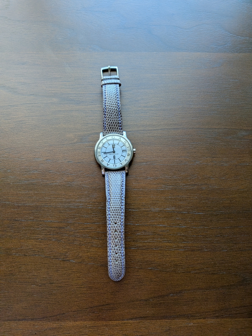 Bulgari Silver Dial Watch with Light Purple Lizard-Texture Leather Strap